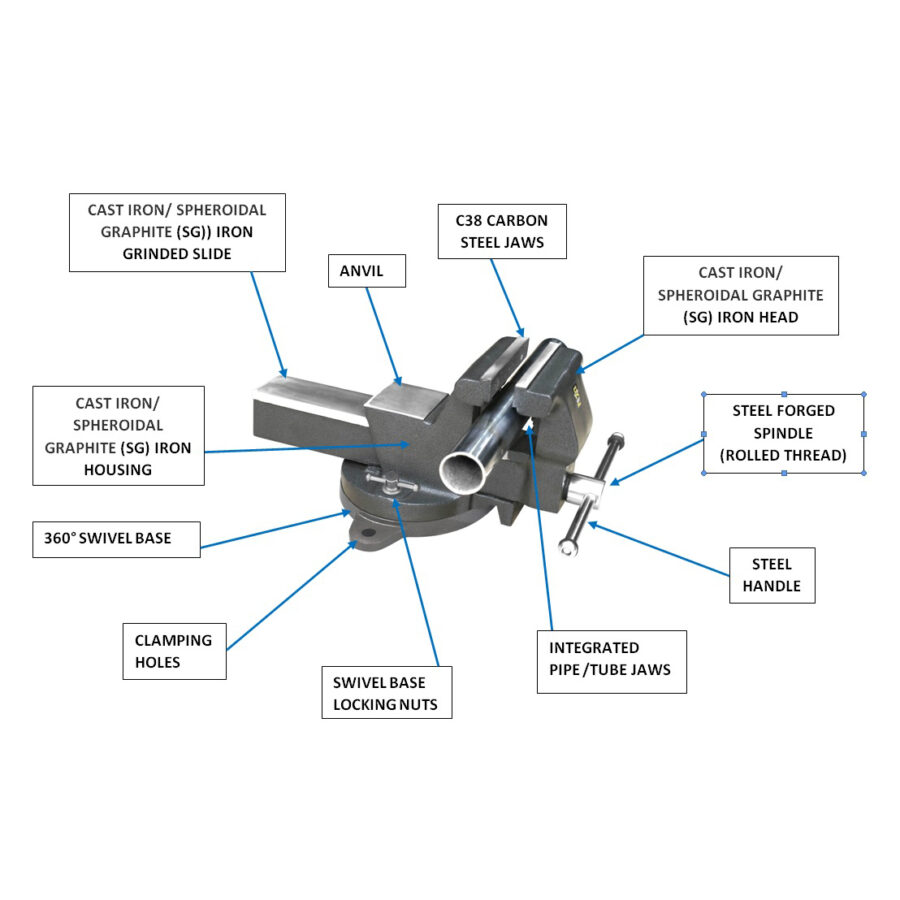 507 Model GF, Spheroidal Graphite (SG) Iron Bench Vice, Swivel Base, with Pipe Jaws 507 Model GF, Spheroidal Graphite (SG) Iron Bench Vice, Swivel Base, with Pipe Jaws
